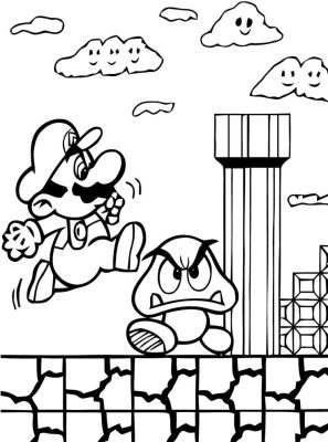 mario is fighting with goombas coloring page